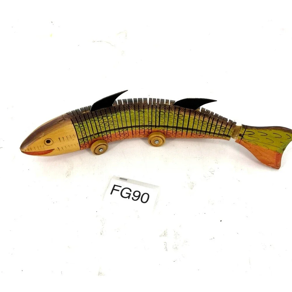 VTG Handmade Wooden Jointed Fish Pull Toy Hand Painted Wheeled Folk Art Trout